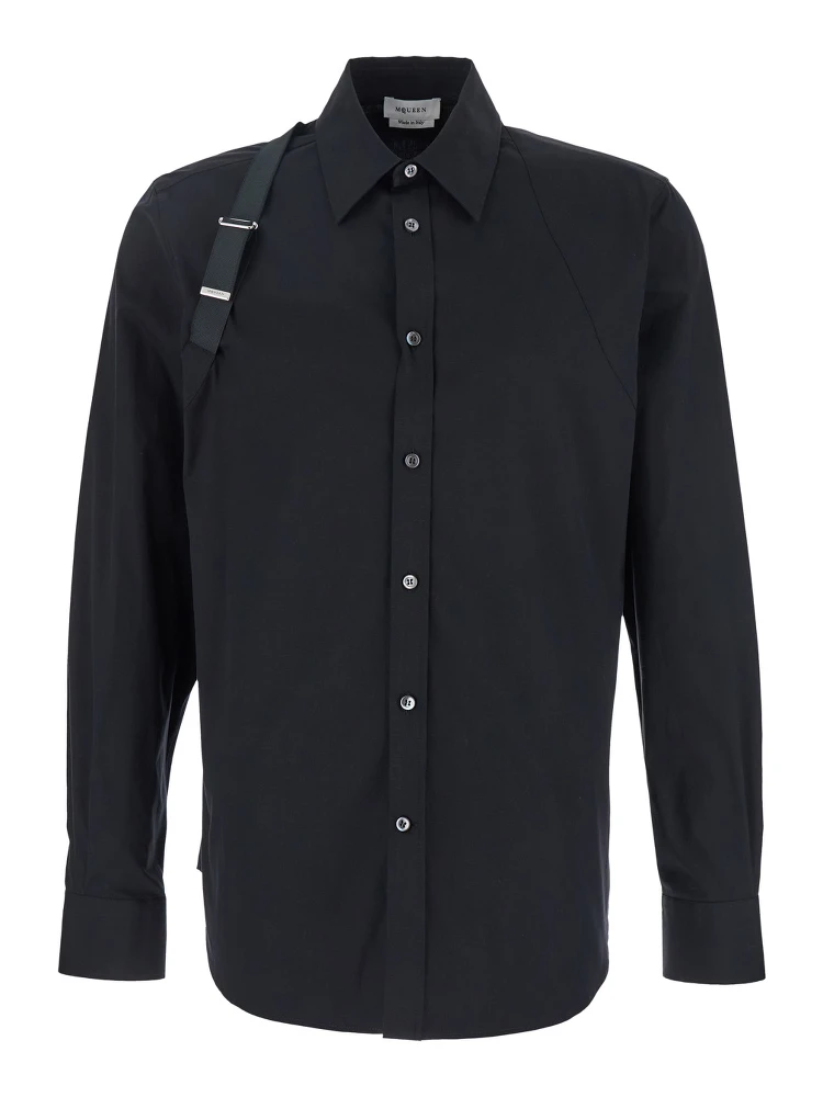 Black Harness Shirt with Classic Collar and Strap Detail on Sleeve in Cotton for Men
