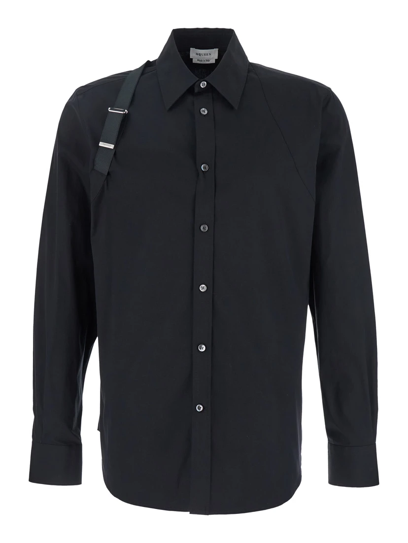 Black Harness Shirt with Classic Collar and Strap Detail on Sleeve in Cotton for Men