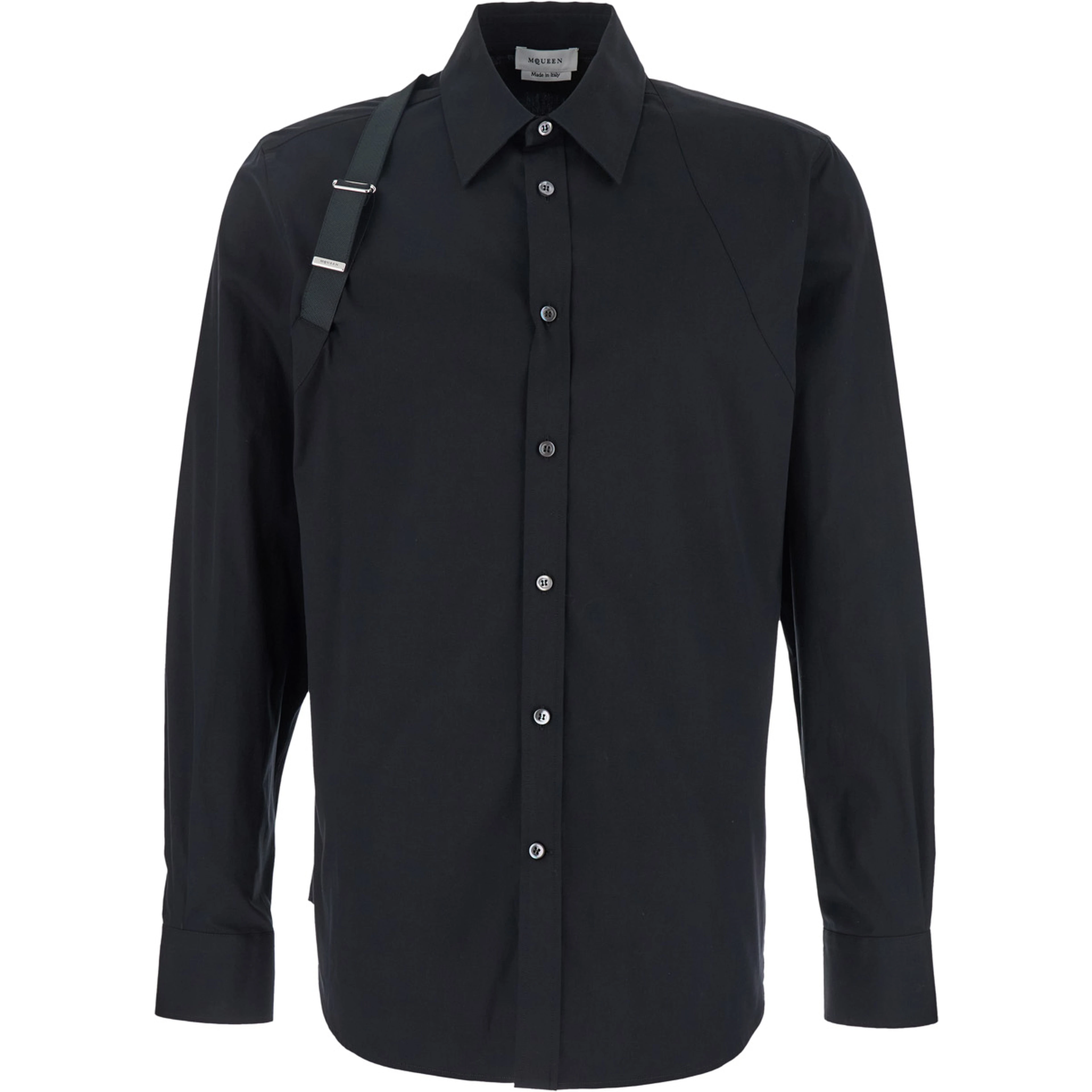 Black Harness Shirt with Classic Collar and Strap Detail on Sleeve in Cotton for Men