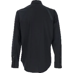 Black Harness Shirt with Classic Collar and Strap Detail on Sleeve in Cotton for Men