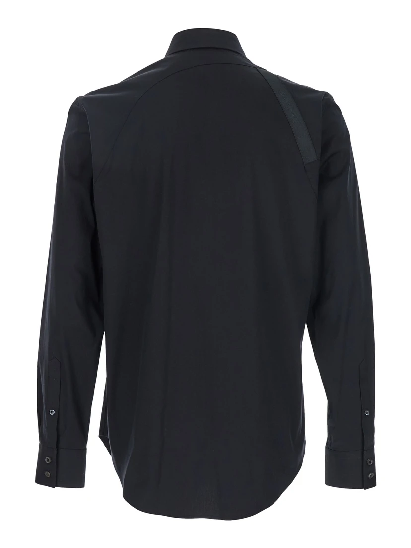 Black Harness Shirt with Classic Collar and Strap Detail on Sleeve in Cotton for Men