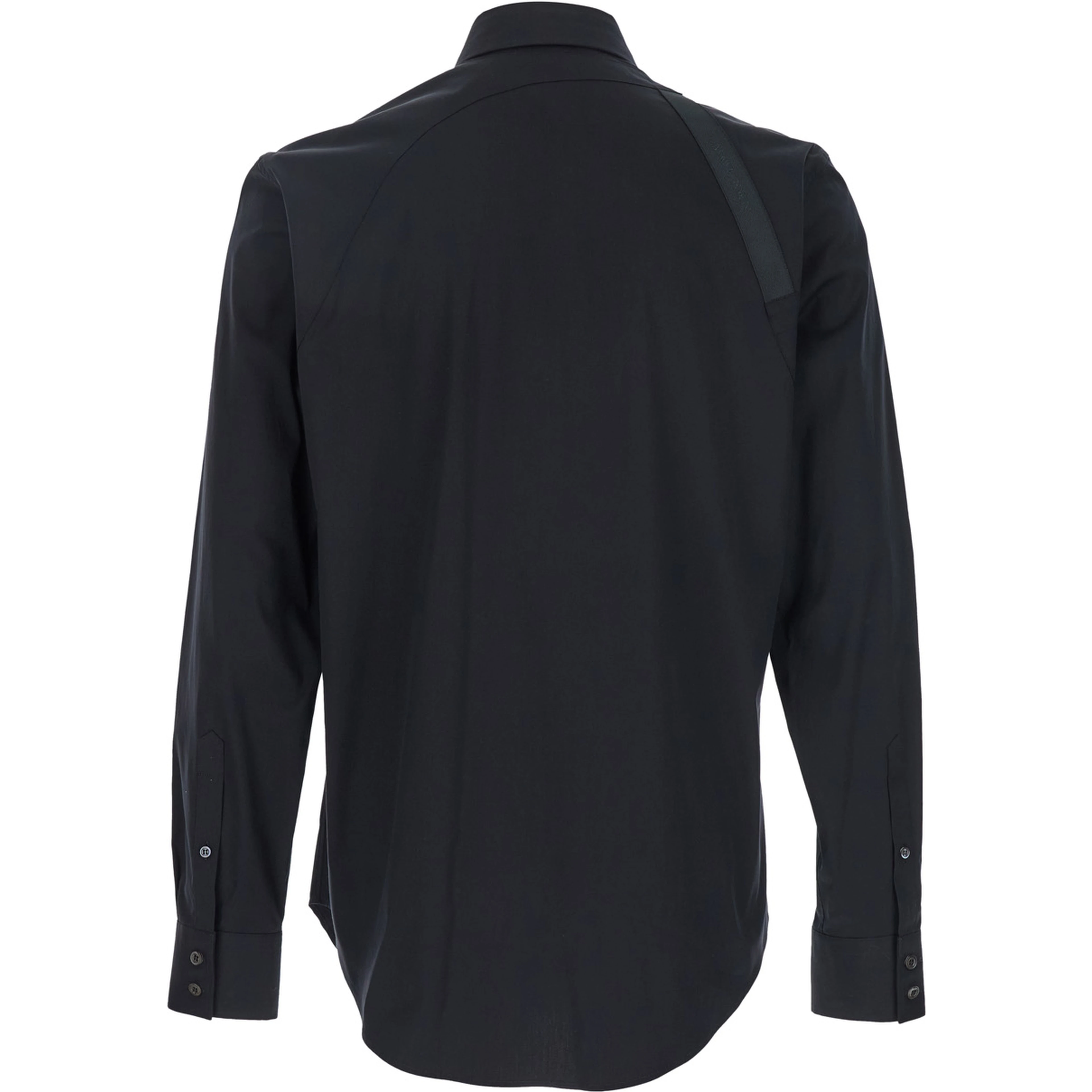 Black Harness Shirt with Classic Collar and Strap Detail on Sleeve in Cotton for Men