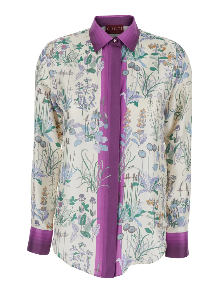 Multicolor Shirt with Classic Collar and All-Over Print in Silk for Women