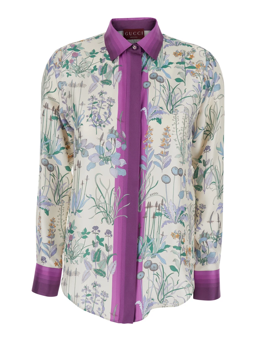 Multicolor Shirt with Classic Collar and All-Over Print in Silk for Women