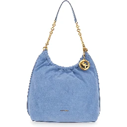 Indie Large Light blue Shoulder bag with chain strap and logo plate on the front in suede women