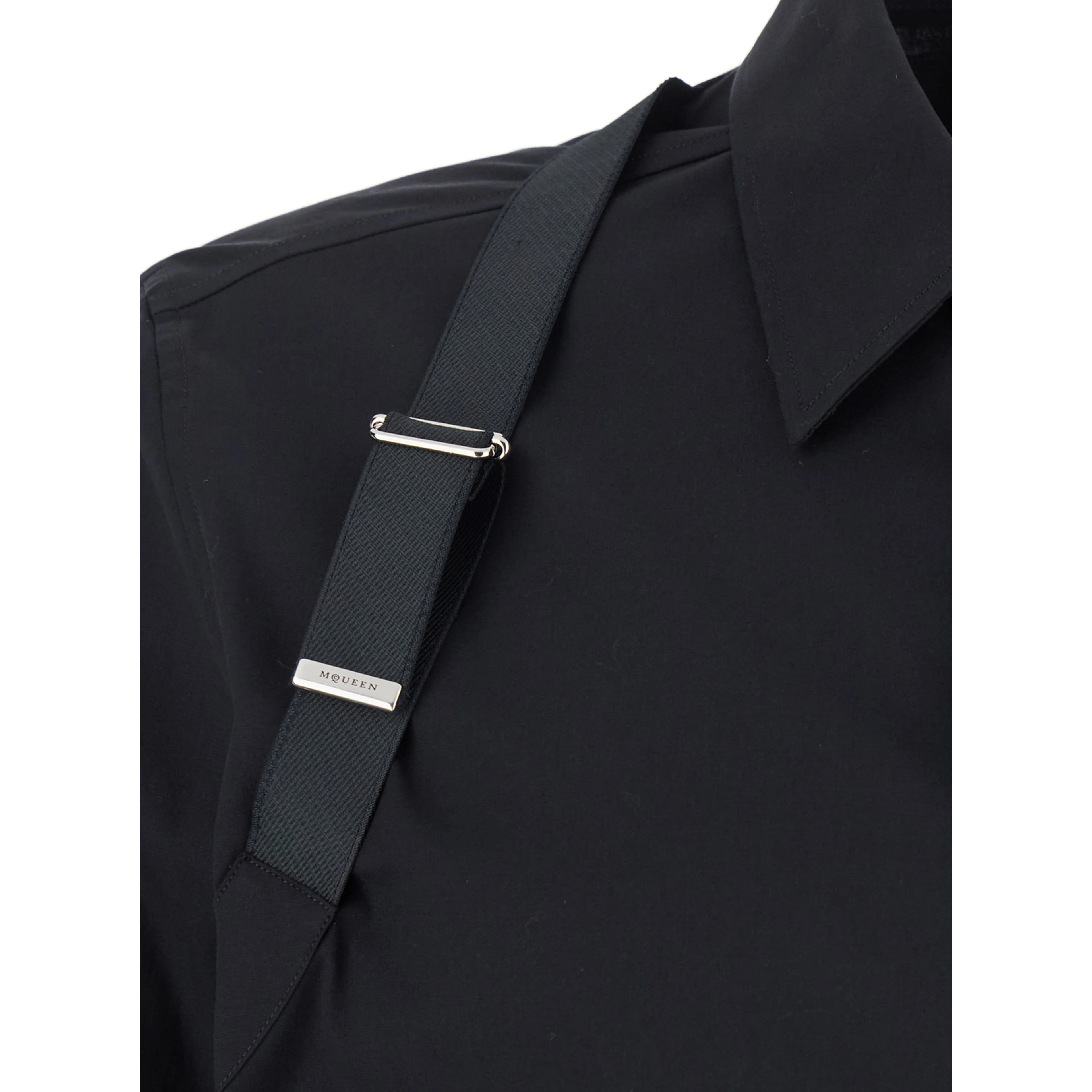 Black Harness Shirt with Classic Collar and Strap Detail on Sleeve in Cotton for Men