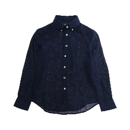 Blue Shirt with Classic Collar and Logo on the Front in Linen Boy