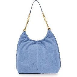 Indie Large Light blue Shoulder bag with chain strap and logo plate on the front in suede women