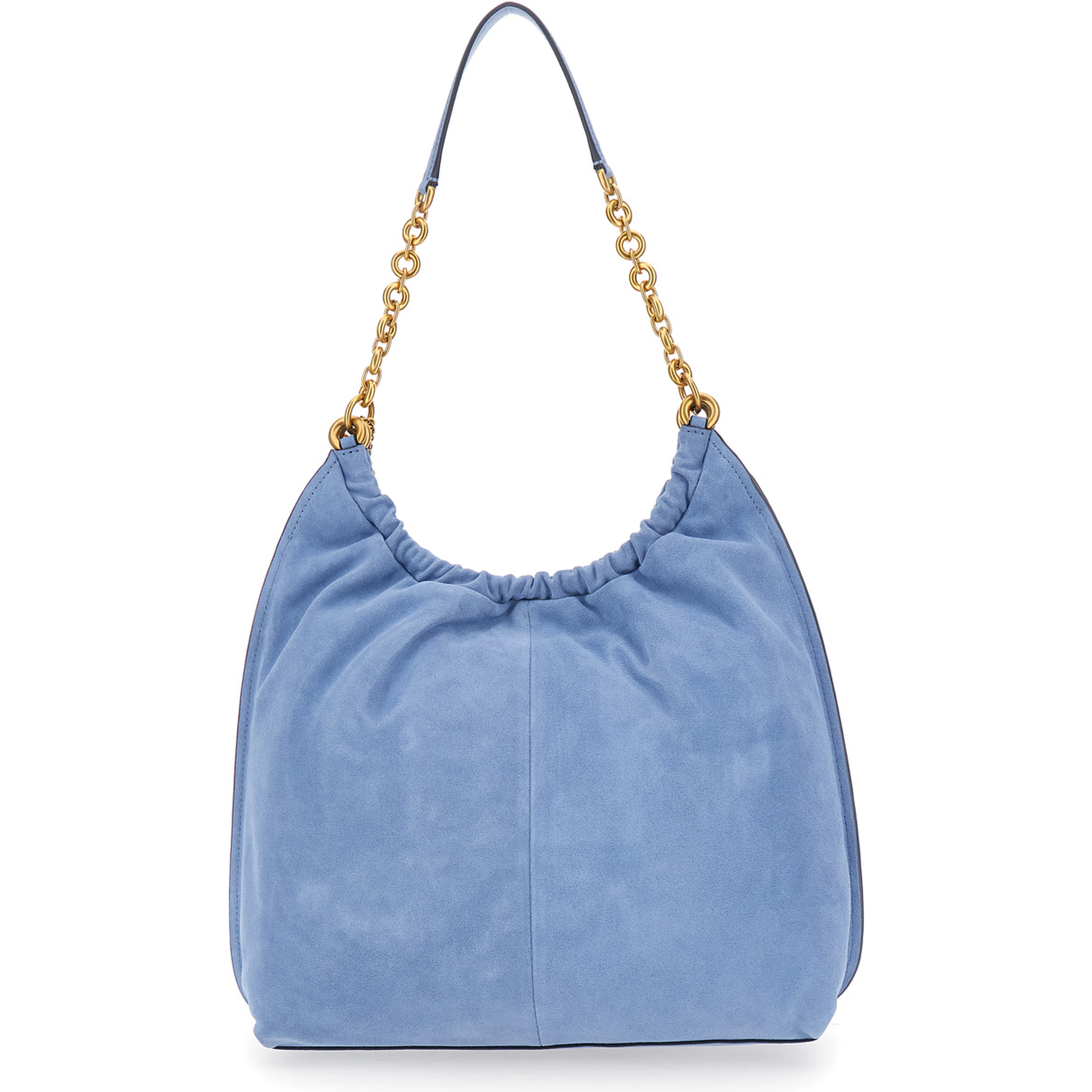 Indie Large Light blue Shoulder bag with chain strap and logo plate on the front in suede women