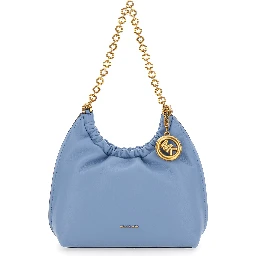 Indie Small Light Blue Shoulder Bag with Chain Strap and Logo Plate on Front in Leather Women