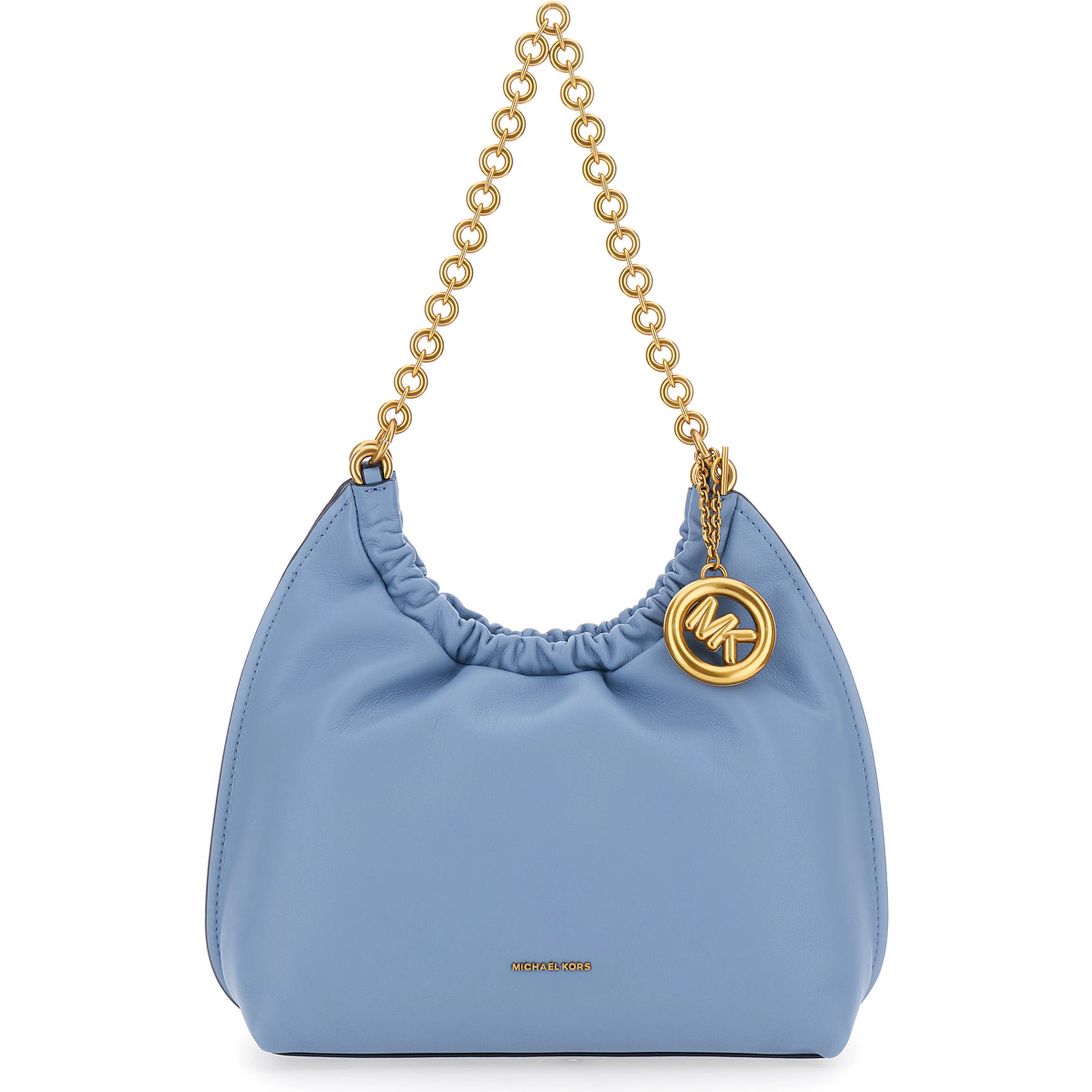 Indie Small Light Blue Shoulder Bag with Chain Strap and Logo Plate on Front in Leather Women