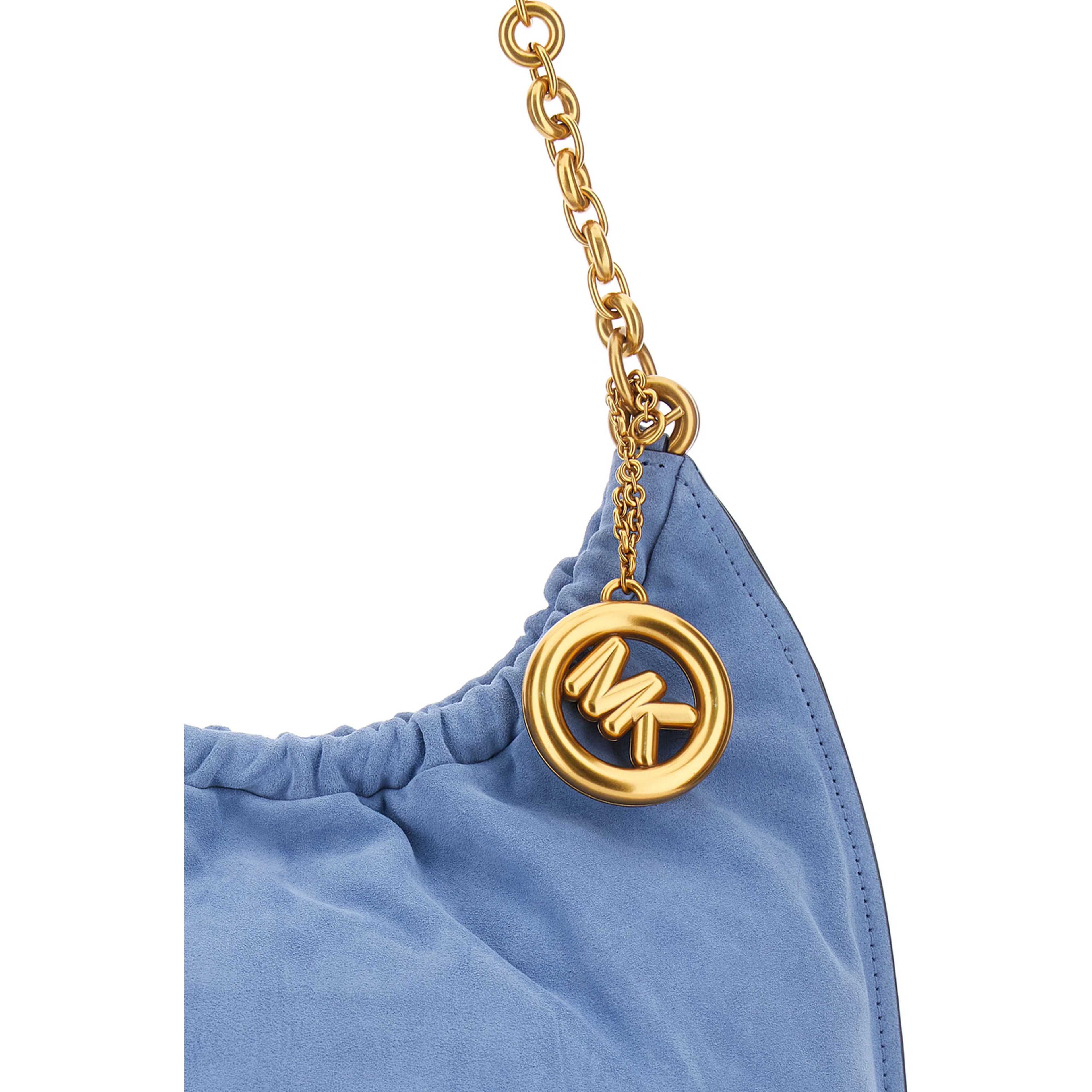 Indie Large Light blue Shoulder bag with chain strap and logo plate on the front in suede women