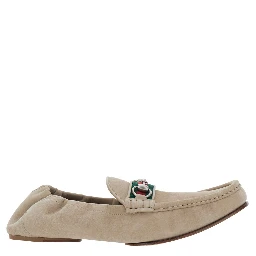 Beige Loafers with Horsebit Plate and Web Detail on the Front in Suede for Men