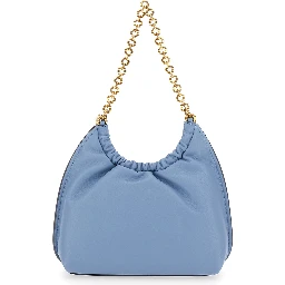 Indie Small Light Blue Shoulder Bag with Chain Strap and Logo Plate on Front in Leather Women