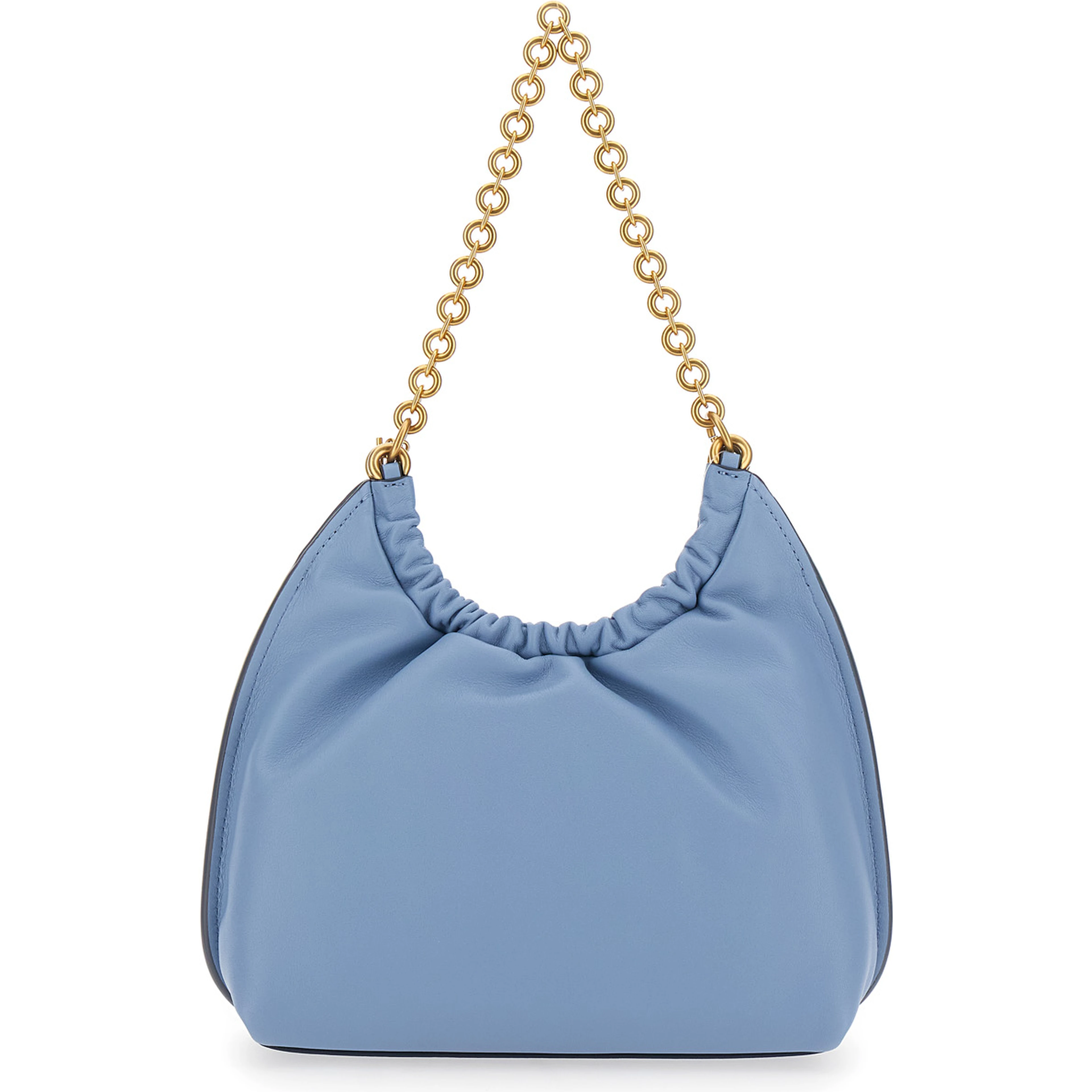 Indie Small Light Blue Shoulder Bag with Chain Strap and Logo Plate on Front in Leather Women