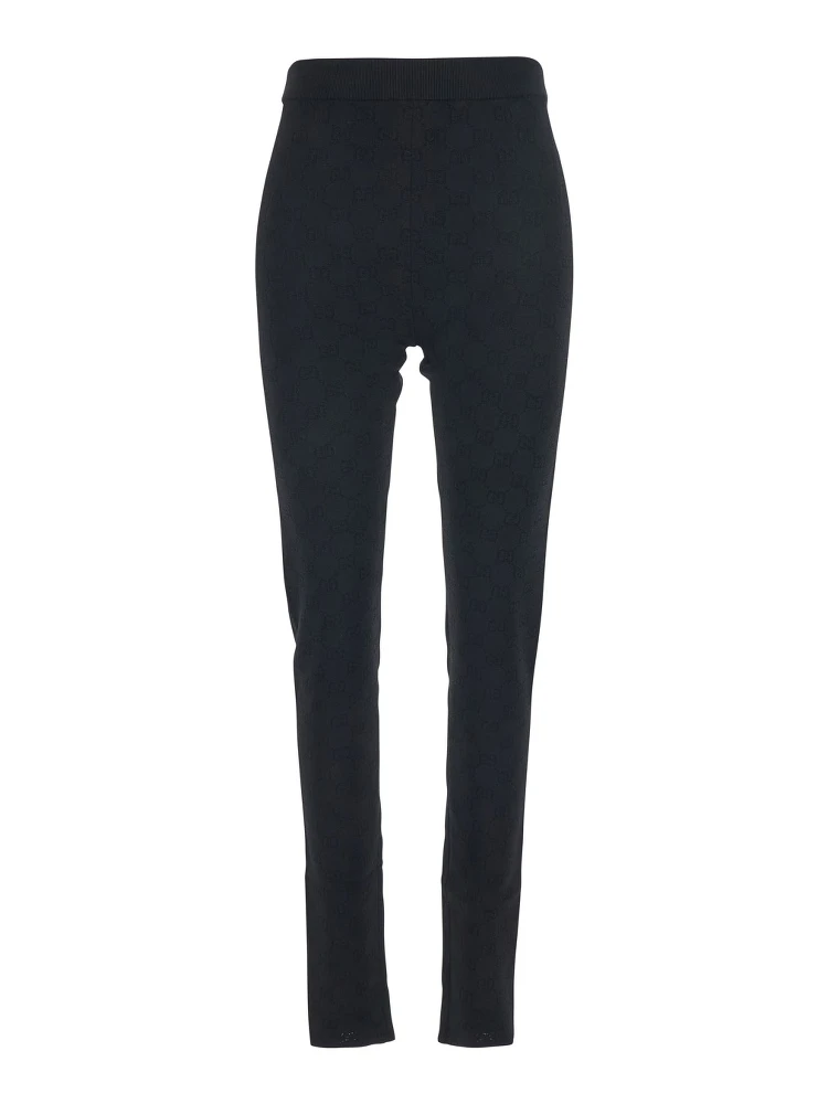 Black Leggings with Ribbed Waist and All-Over GG Embroidery in Viscose Blend Women