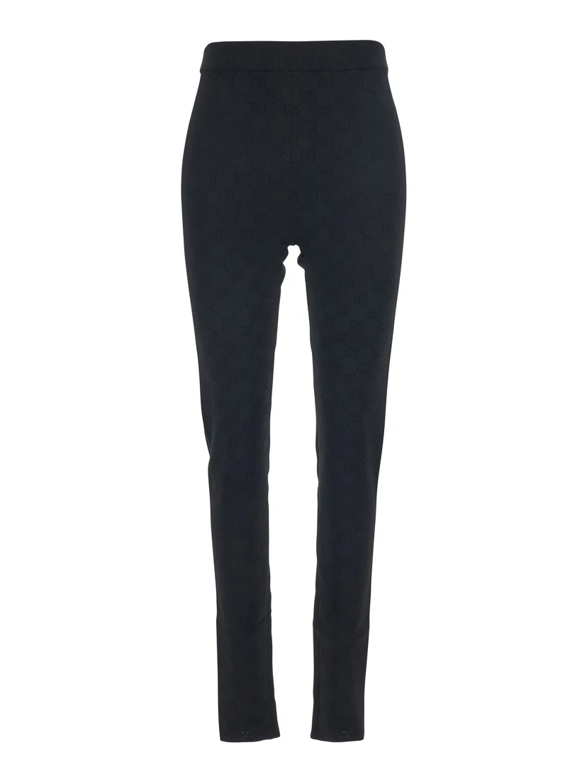 Black Leggings with Ribbed Waist and All-Over GG Embroidery in Viscose Blend Women