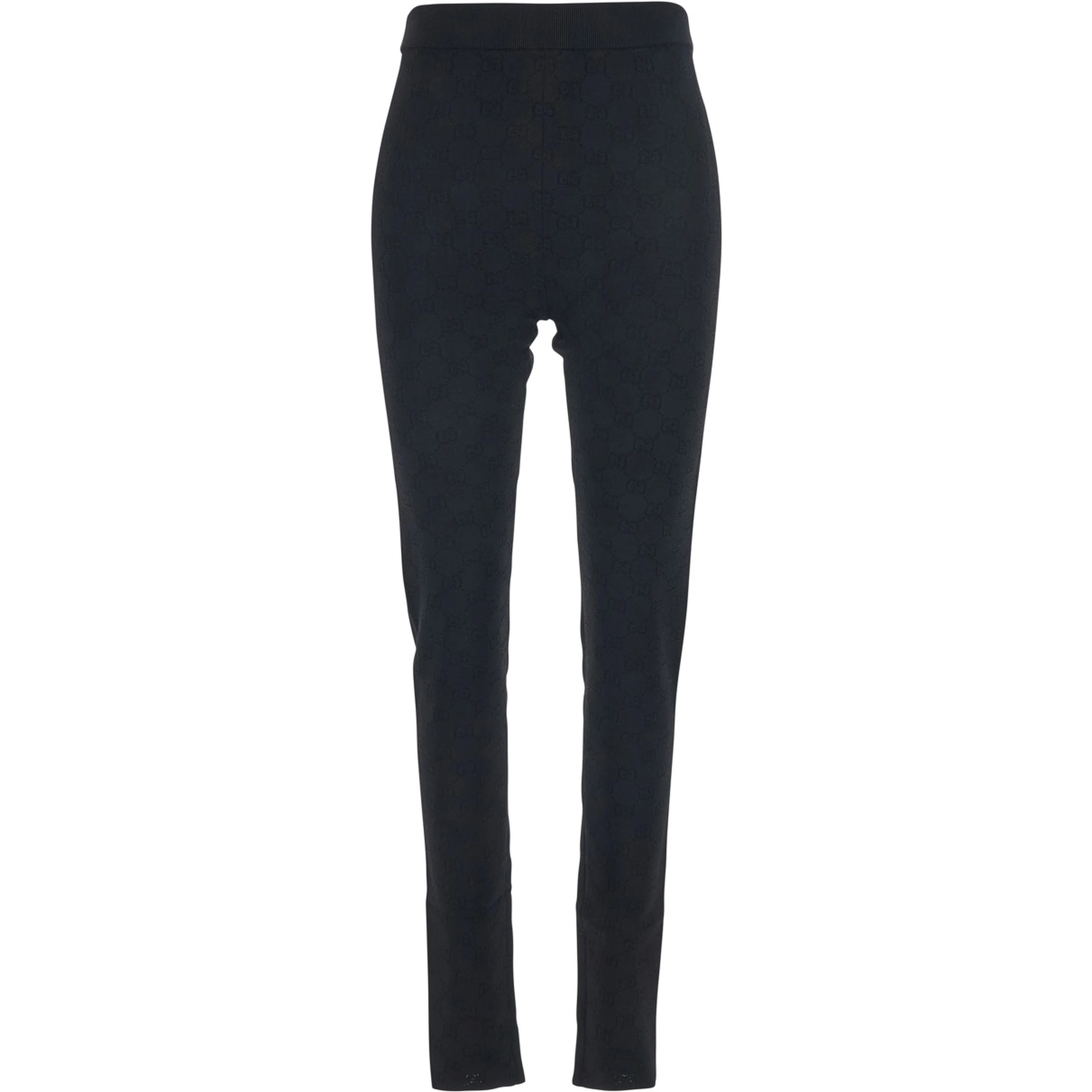 Black Leggings with Ribbed Waist and All-Over GG Embroidery in Viscose Blend Women
