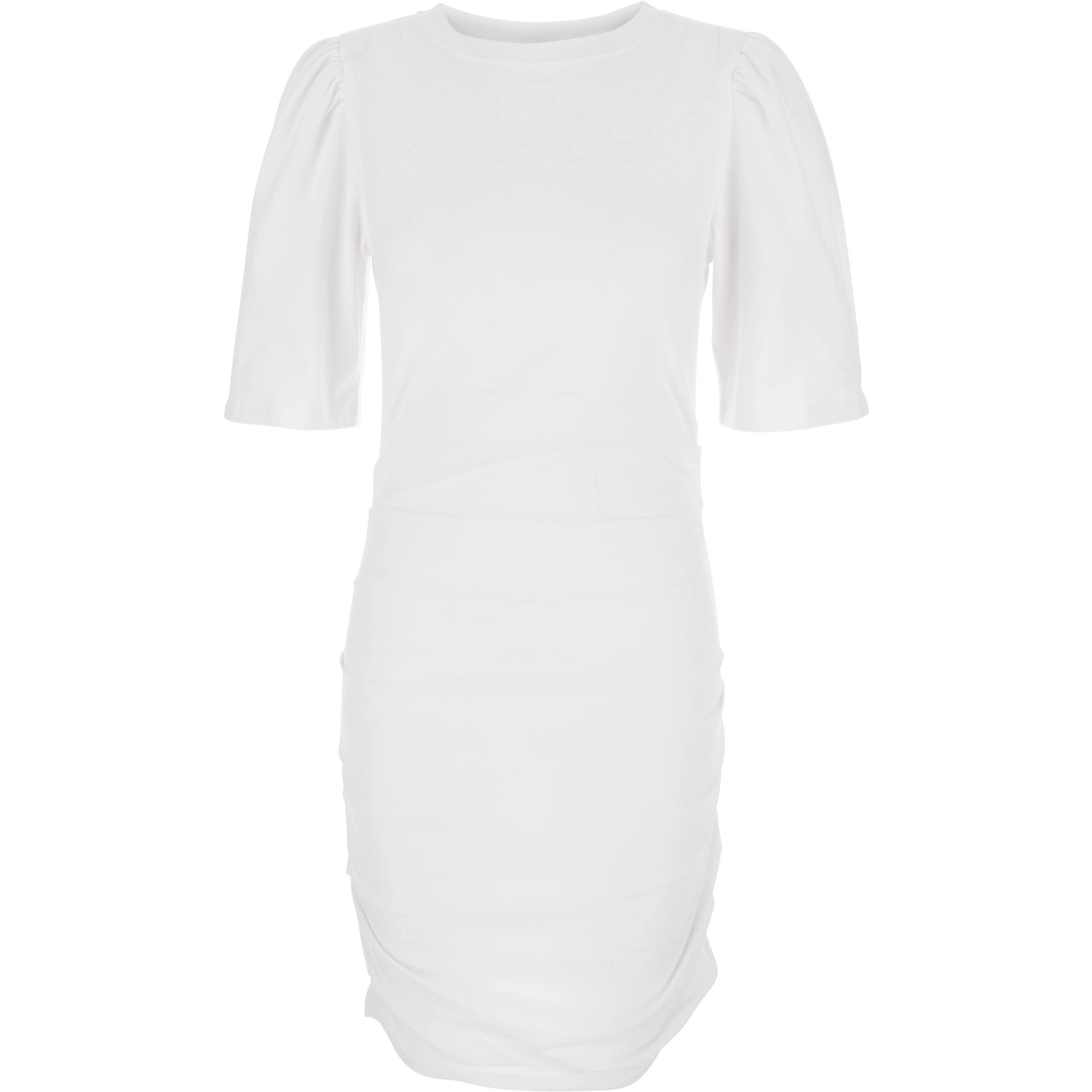 Mylda White Crew Neck Dress with Pleated Details in Cotton Woman