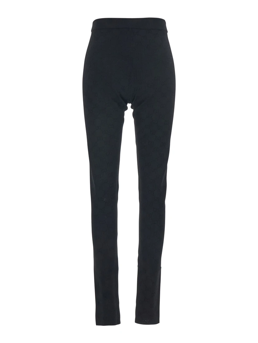 Black Leggings with Ribbed Waist and All-Over GG Embroidery in Viscose Blend Women