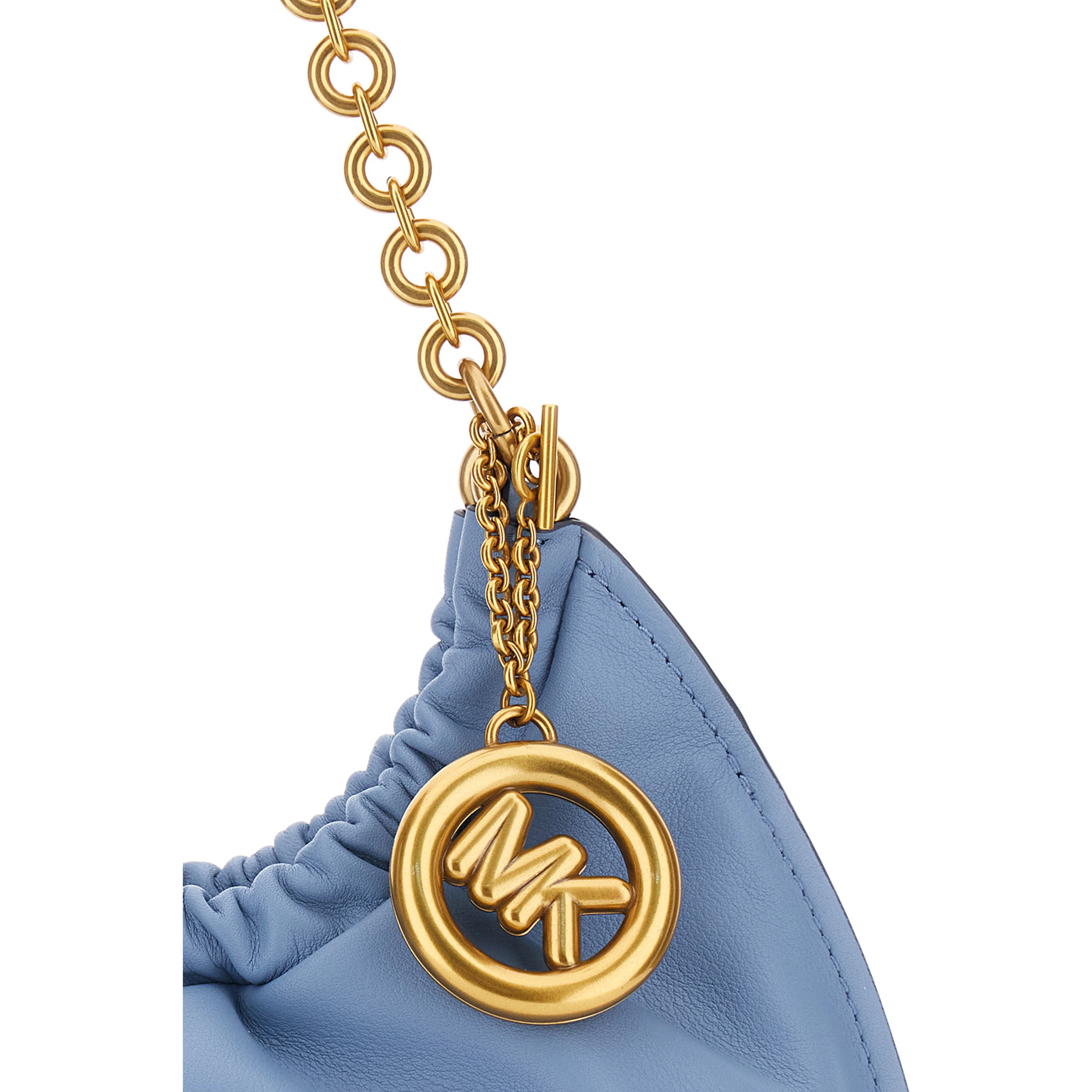 Indie Small Light Blue Shoulder Bag with Chain Strap and Logo Plate on Front in Leather Women