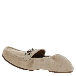 Beige Loafers with Horsebit Plate and Web Detail on the Front in Suede for Men