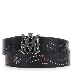 Belt with Logo Buckle Closure on the Front and All-Over Stud Decoration in Black Leather for Men