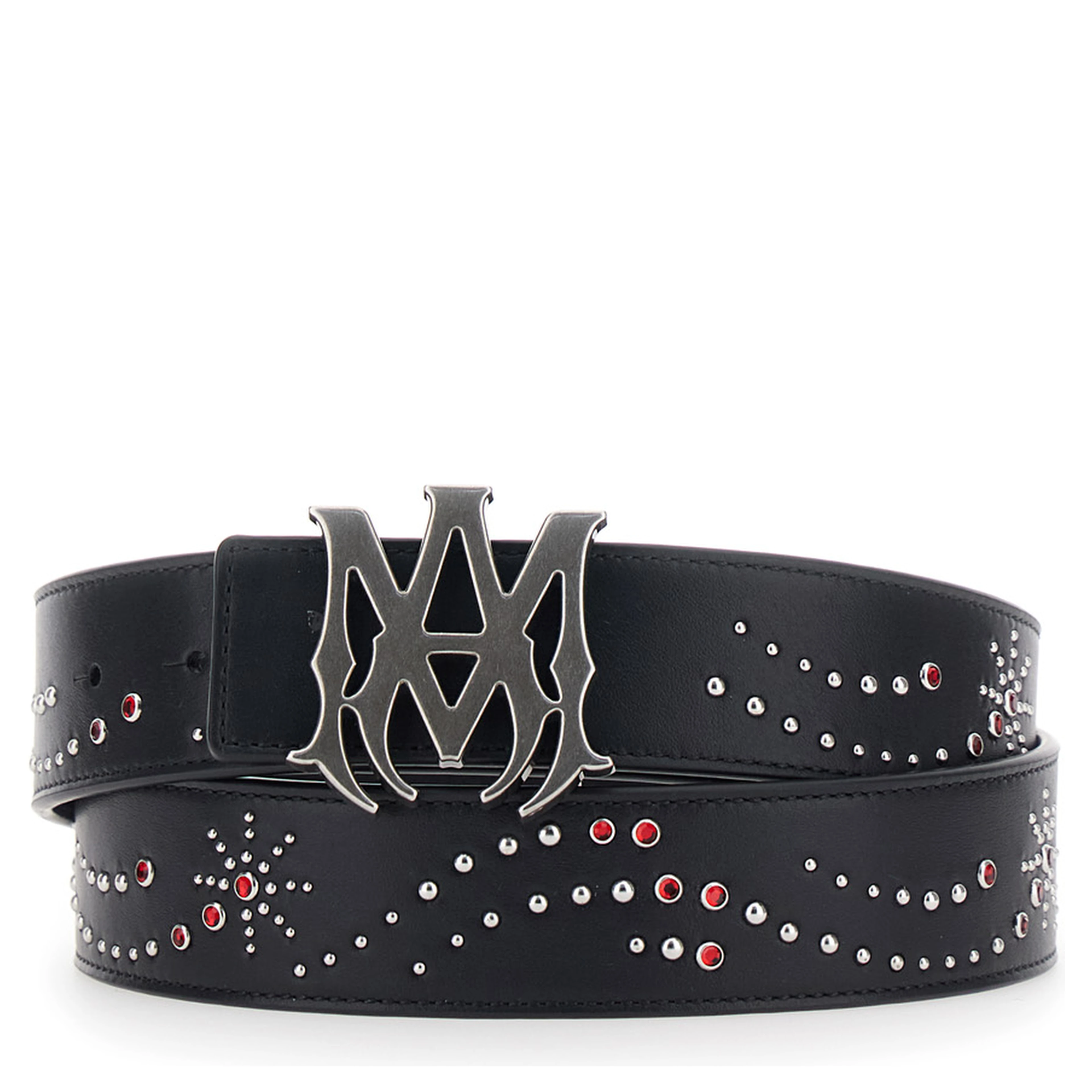 Belt with Logo Buckle Closure on the Front and All-Over Stud Decoration in Black Leather for Men