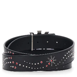 Belt with Logo Buckle Closure on the Front and All-Over Stud Decoration in Black Leather for Men