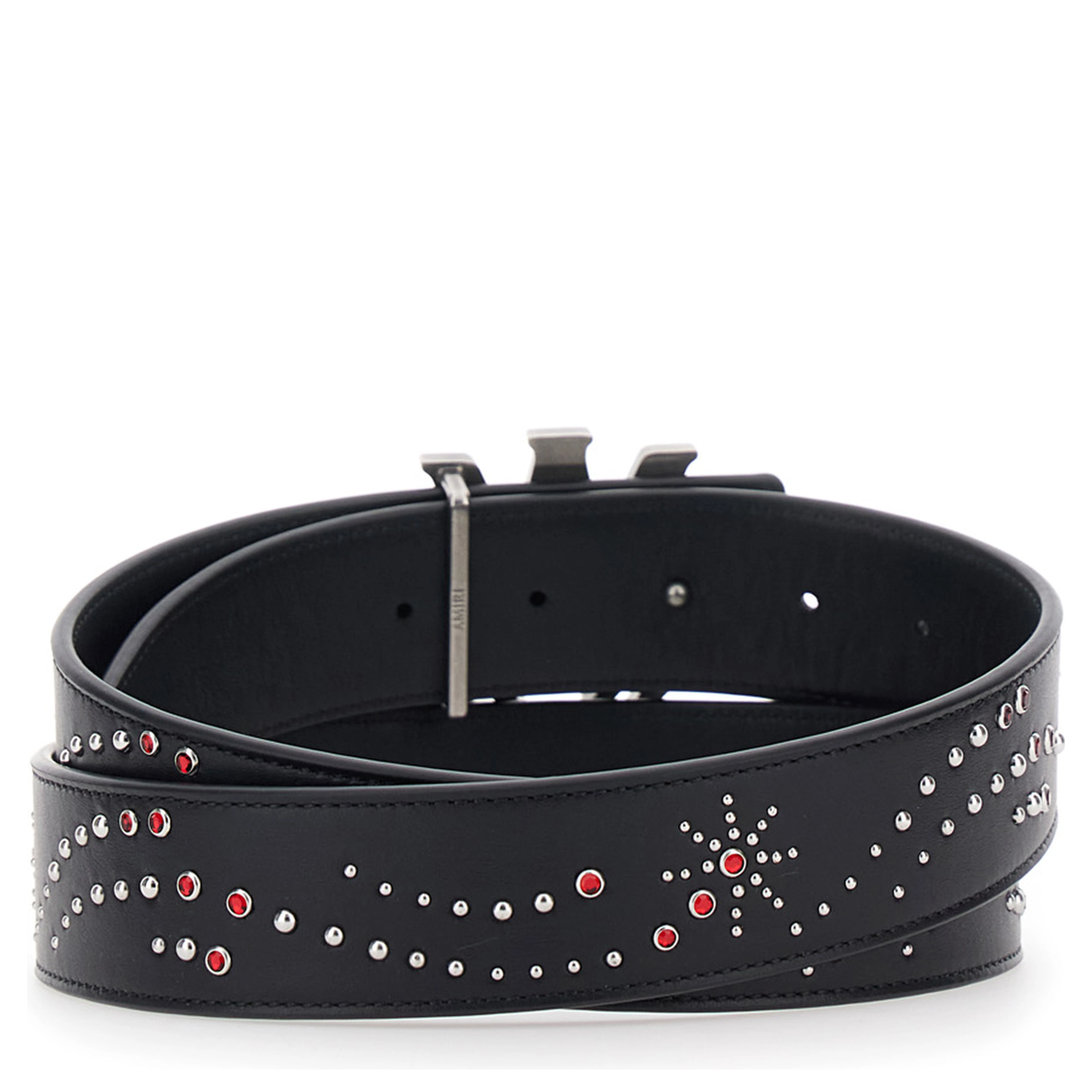 Belt with Logo Buckle Closure on the Front and All-Over Stud Decoration in Black Leather for Men