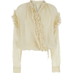 CENVER Beige Silk Blouse with V-Neck and Long Sleeves