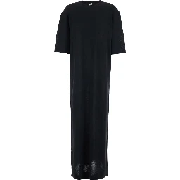 Black Long Dress with Crew Neck and Wide Short Sleeves in Wool for Women