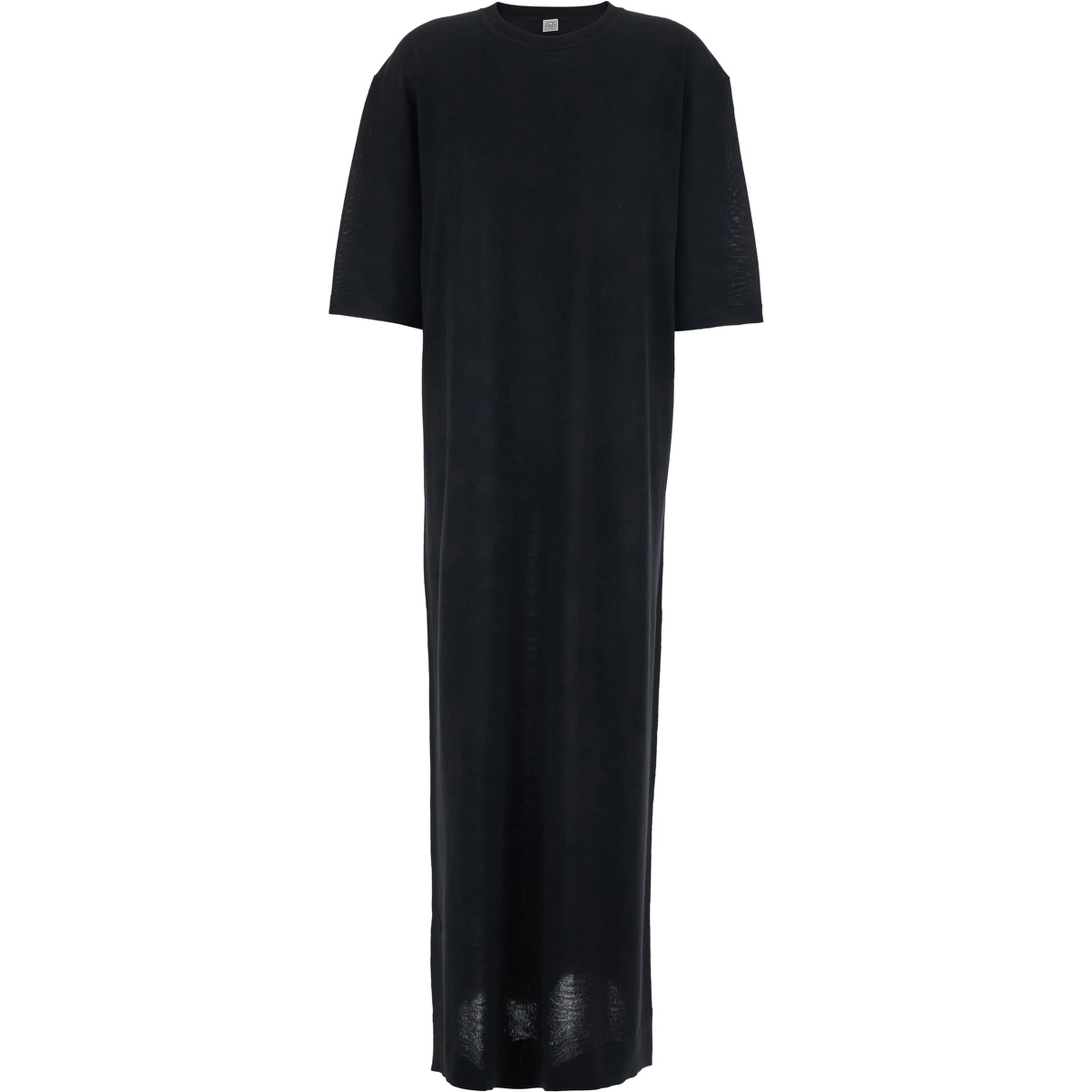 Black Long Dress with Crew Neck and Wide Short Sleeves in Wool for Women