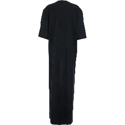 Black Long Dress with Crew Neck and Wide Short Sleeves in Wool for Women