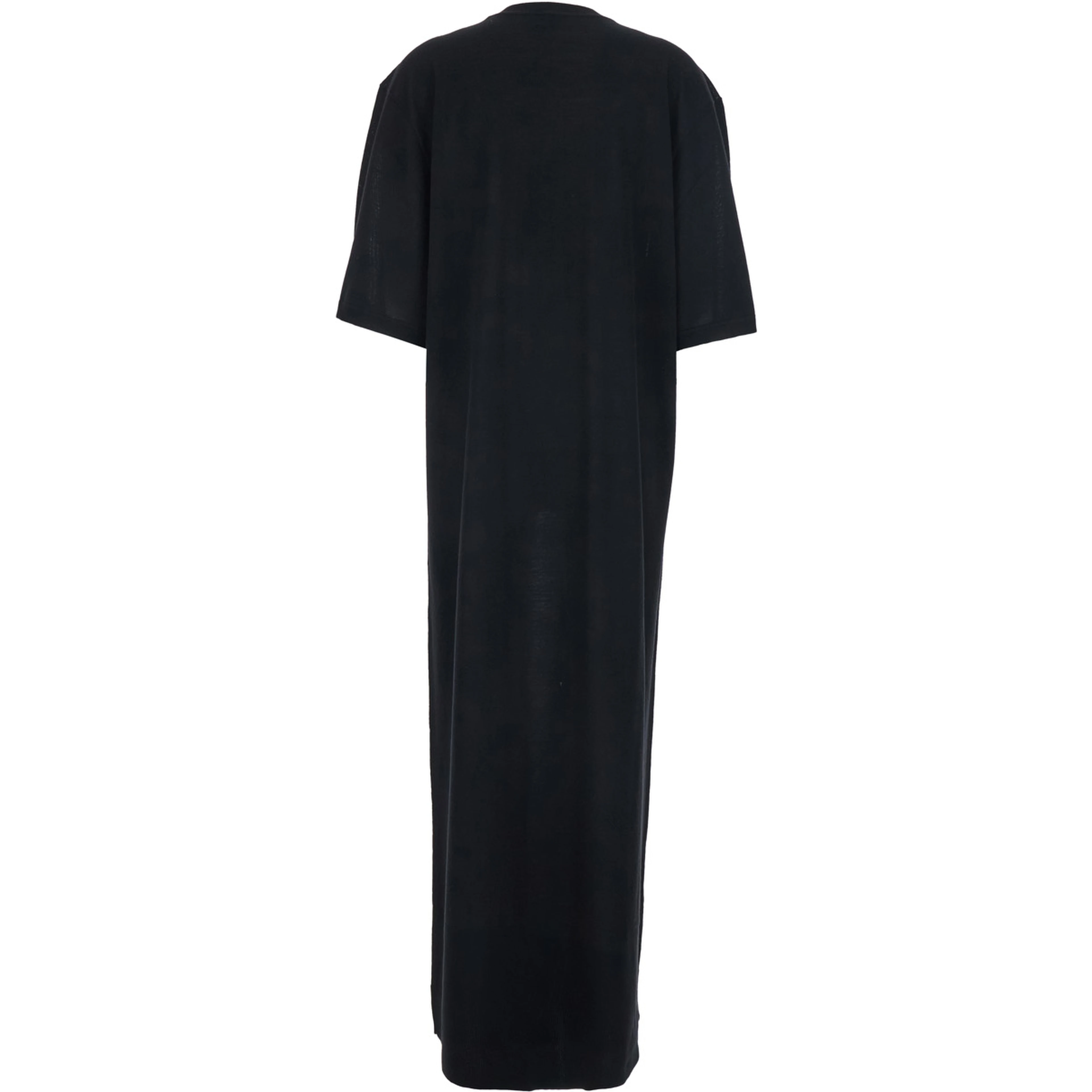 Black Long Dress with Crew Neck and Wide Short Sleeves in Wool for Women