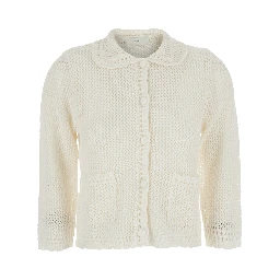 White Sweater with classic collar and crochet work in Linen and Cotton blend Woman