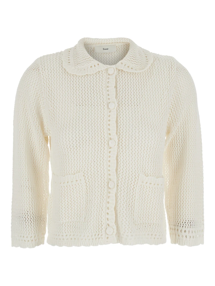 White Sweater with classic collar and crochet work in Linen and Cotton blend Woman