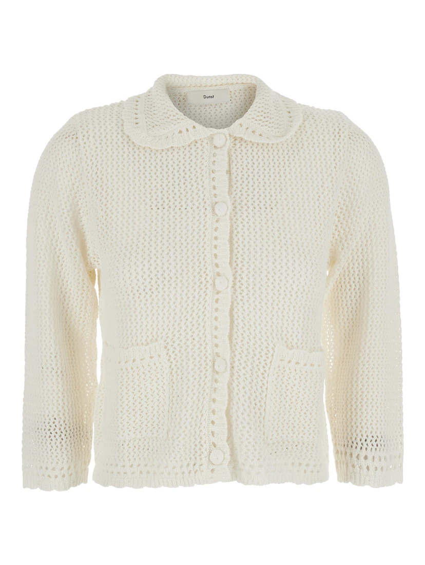 White Sweater with classic collar and crochet work in Linen and Cotton blend Woman
