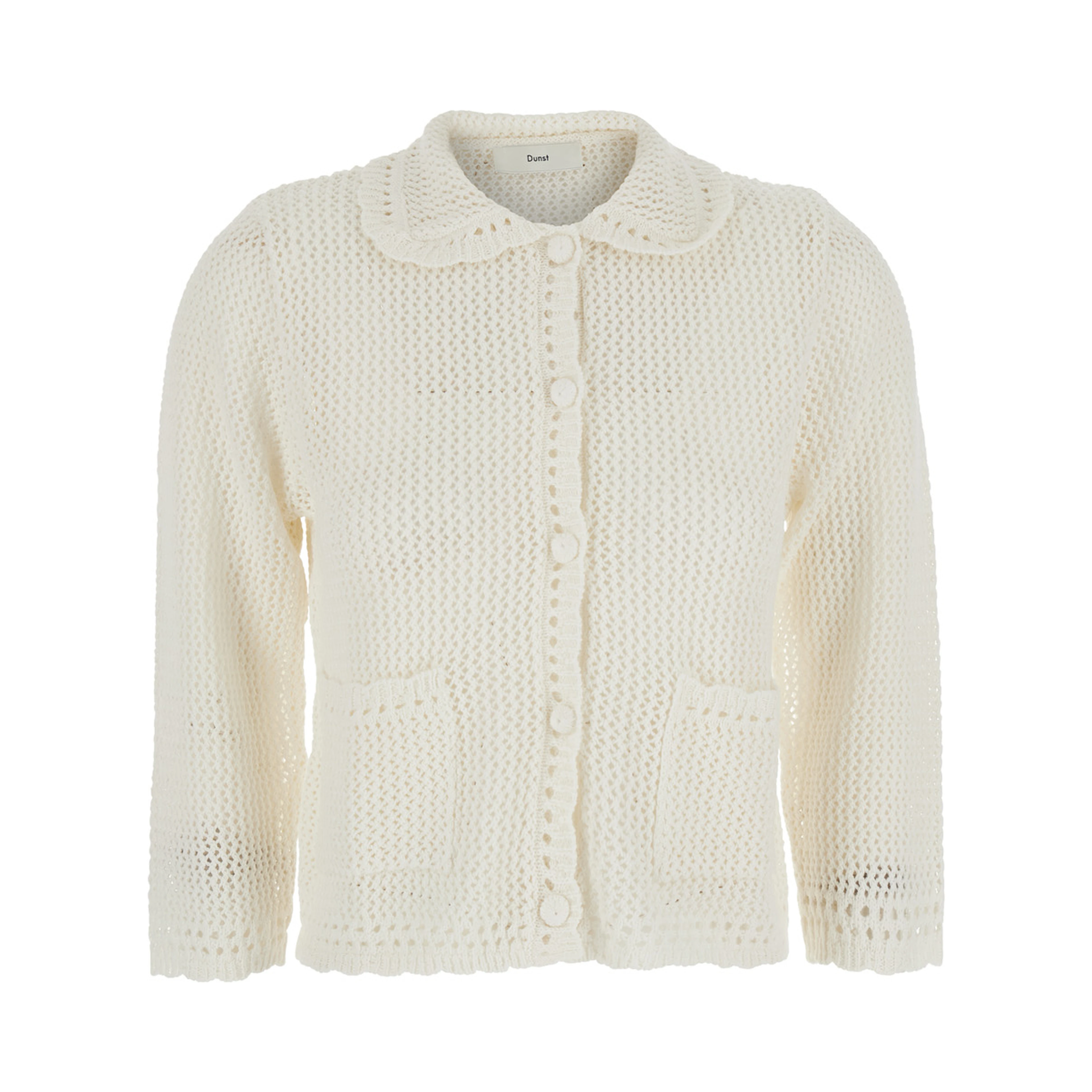 White Sweater with classic collar and crochet work in Linen and Cotton blend Woman