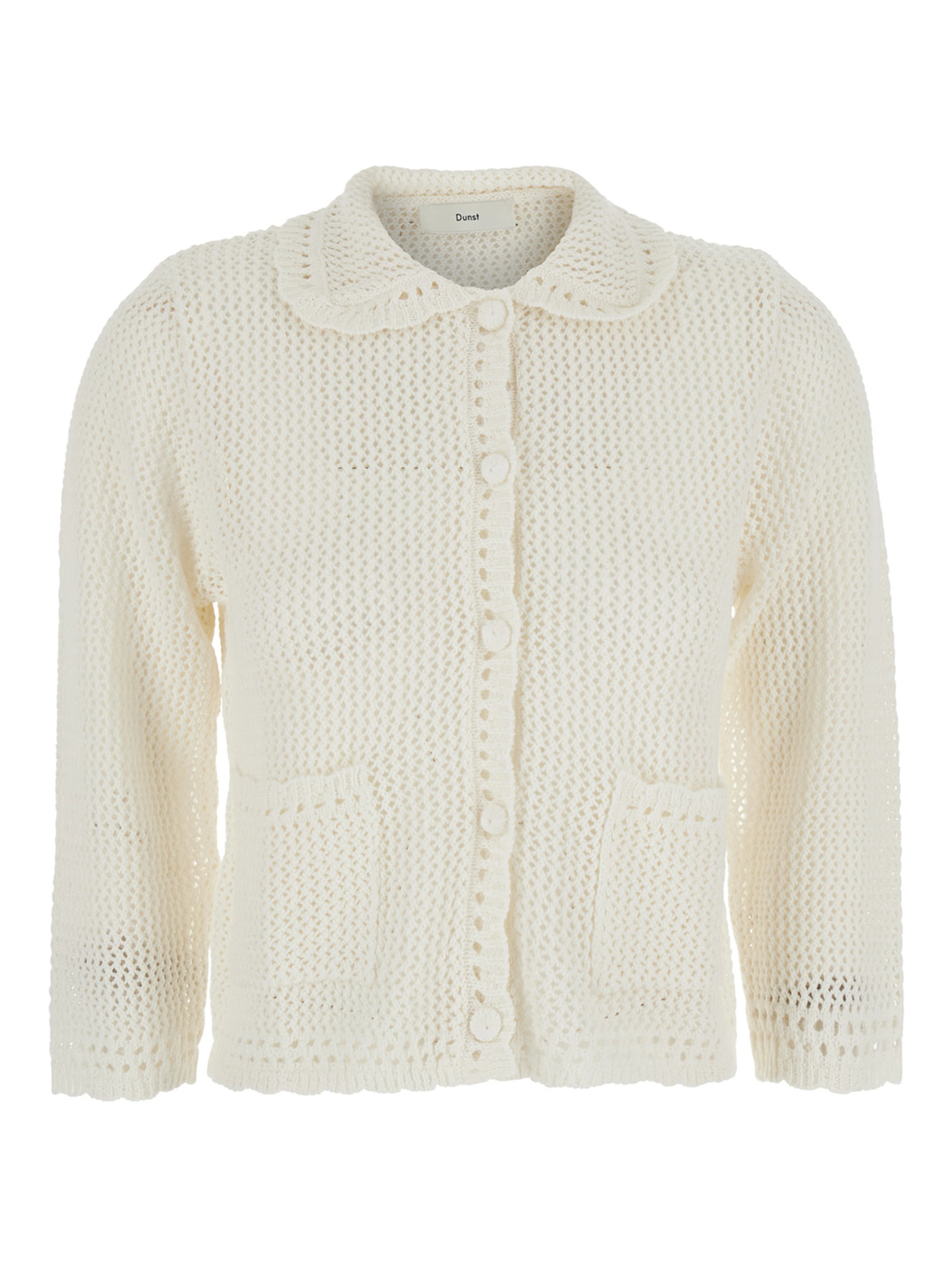 White Sweater with classic collar and crochet work in Linen and Cotton blend Woman