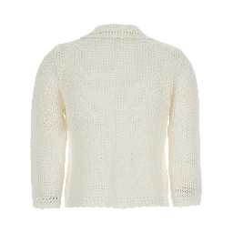 White Sweater with classic collar and crochet work in Linen and Cotton blend Woman