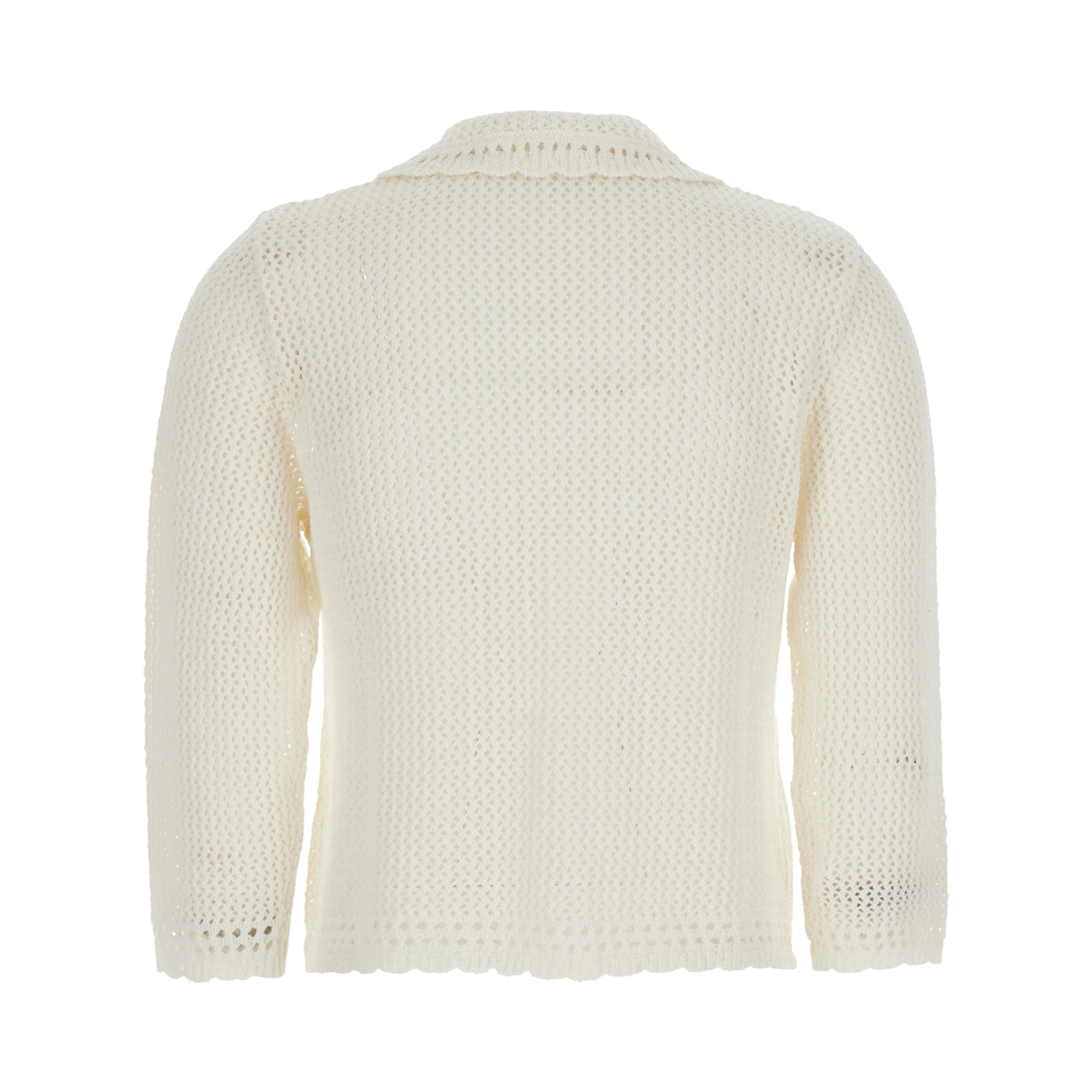White Sweater with classic collar and crochet work in Linen and Cotton blend Woman
