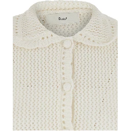 White Sweater with classic collar and crochet work in Linen and Cotton blend Woman