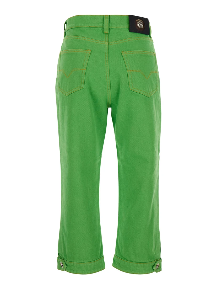 Capri Green Five-Pocket Jeans with Medusa Patch on the Back In cotton for Women