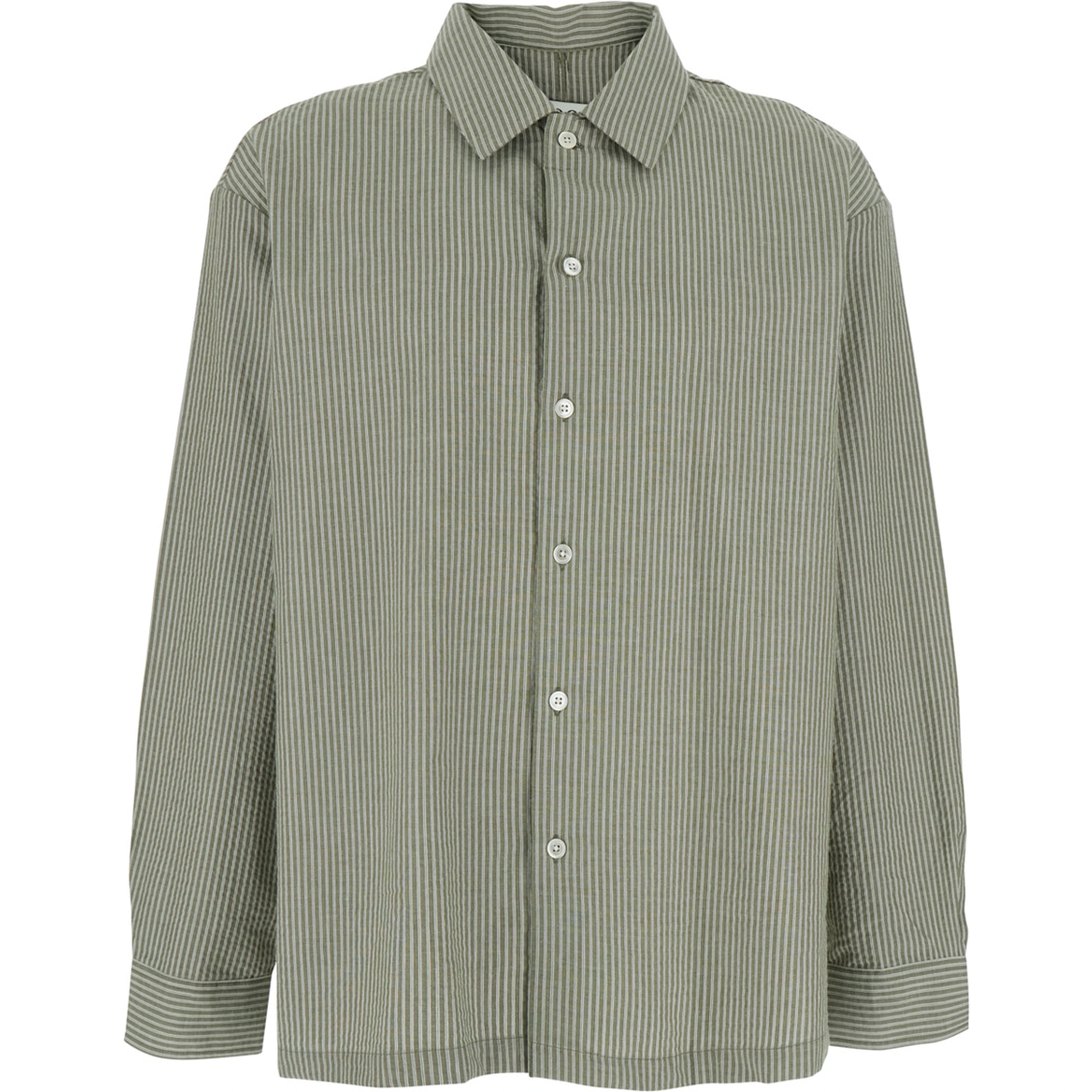 Green Shirt with classic collar and all-over striped pattern in cotton for men