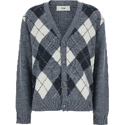 V-NECK ARGYLE CARDIGAN with diamond motif in Gray Wool Men