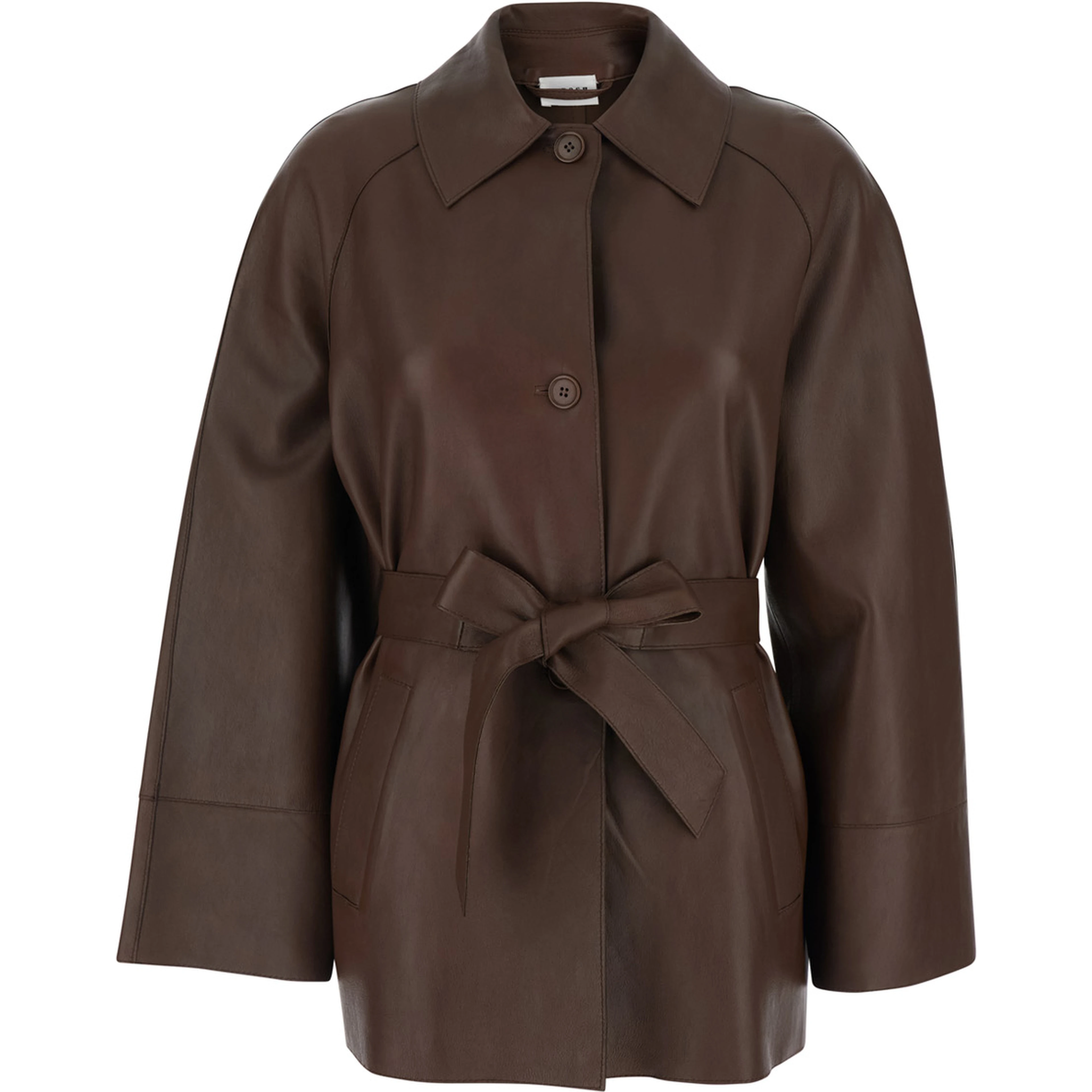Brown Leather Jacket with Wide Collar and Front Belt for Women