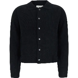 OLLARED KNIT CARDIGAN with V-neck and long sleeves in Nylon, Wool and Cashmere in Black for women