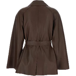 Brown Leather Jacket with Wide Collar and Front Belt for Women