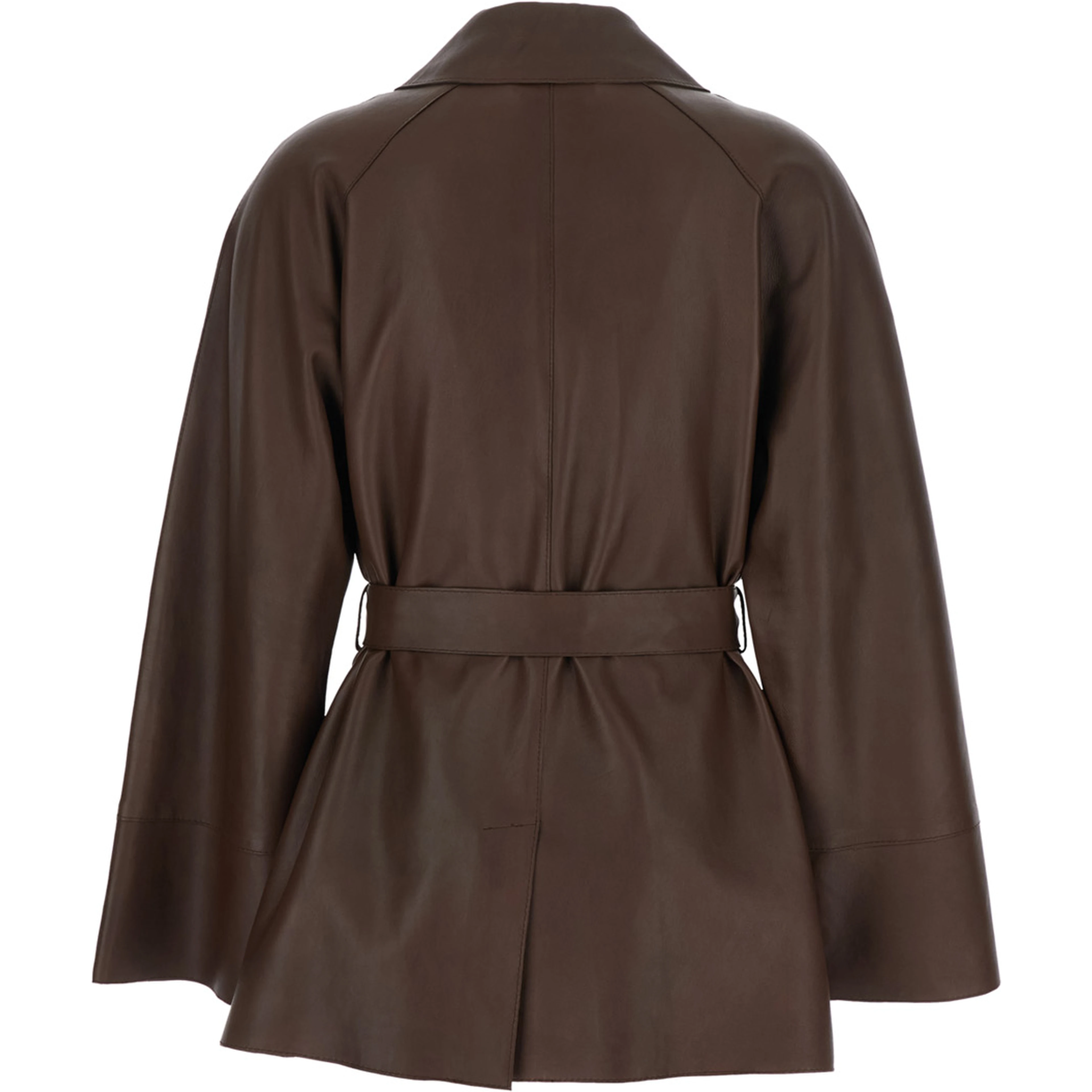 Brown Leather Jacket with Wide Collar and Front Belt for Women